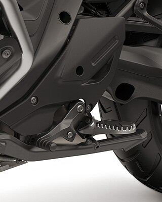 Enduro features, such as the large engine guard, folding brake lever and adjustable gearshift lever, enduro footrests incl. passenger footrest