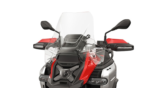 High windscreen/hand protector with integral flashing turn indicator as standard