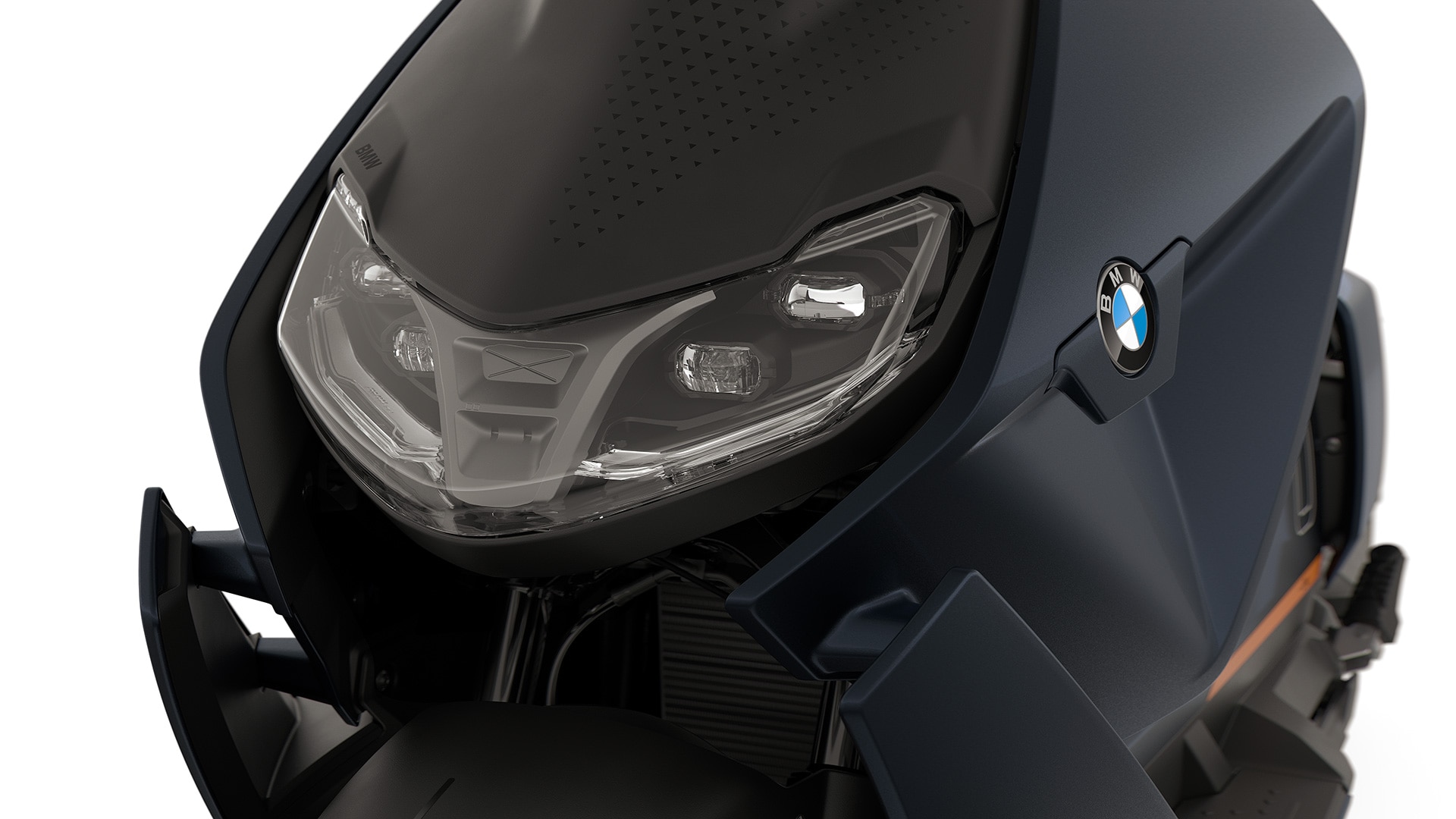 Front of the BMW CE 04 focussing on the LED headlights.
